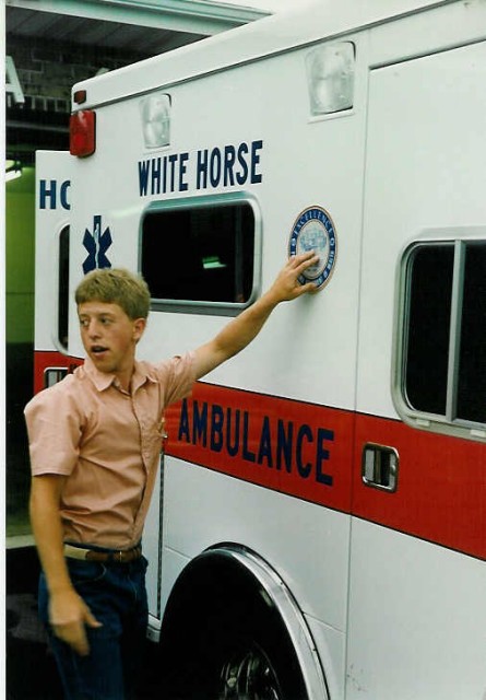 Sam E. Stoltzfus, Jr. displays the state Voluntary Ambulance Service Certification emblem... 7/9/91